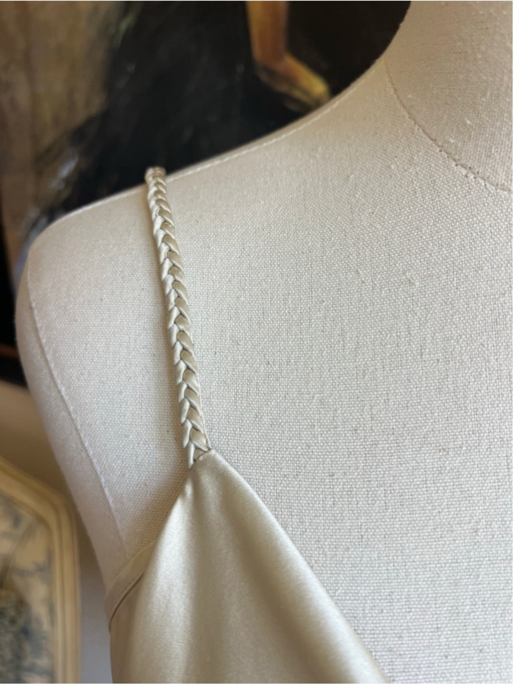 Cinq a Sept Cream Gold Satin Cowl Neck Camisole Top L Braided Tassels Quiet Lux - Picture 6 of 12